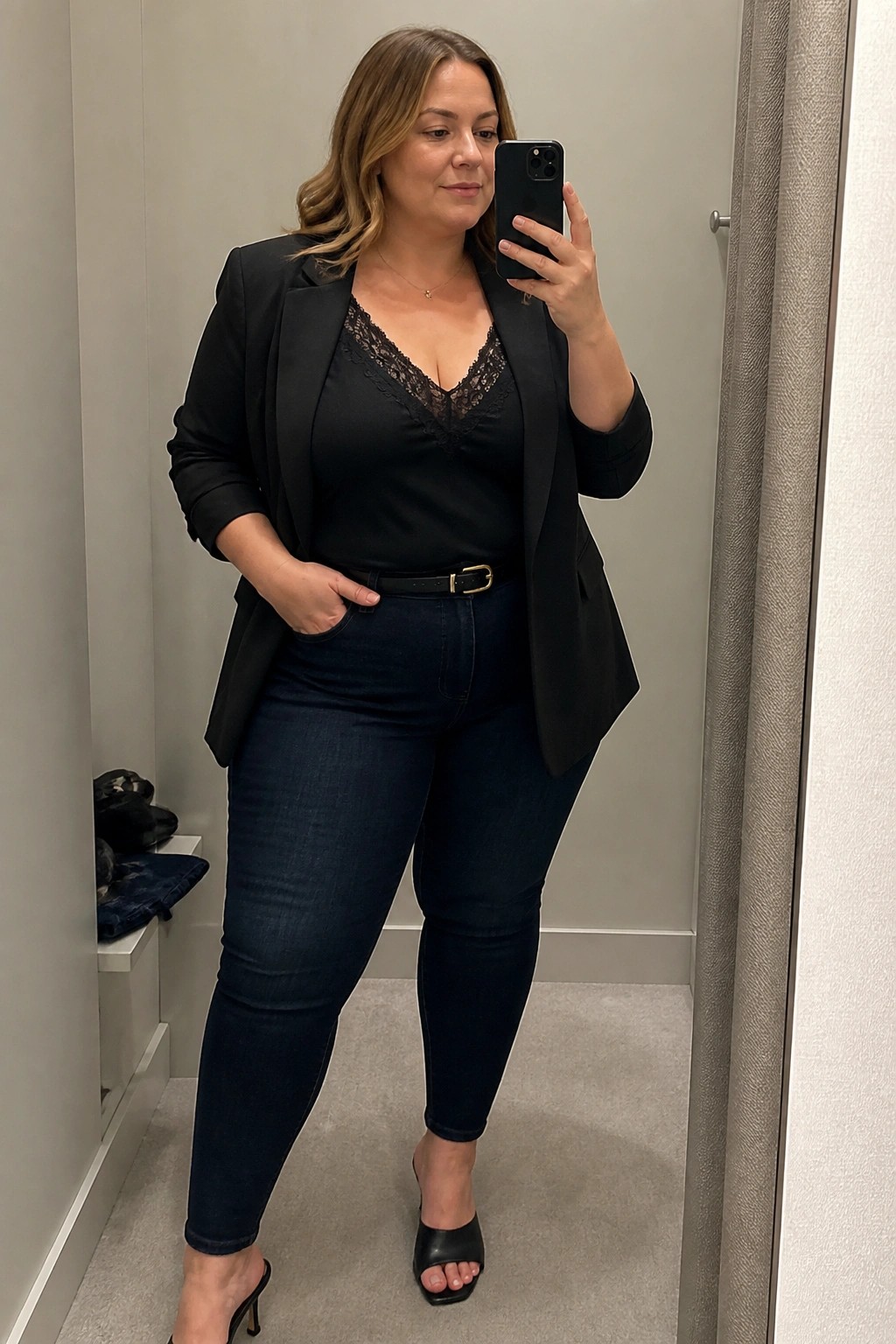 Woman in black blazer and jeans taking a mirror selfie in a dressing room