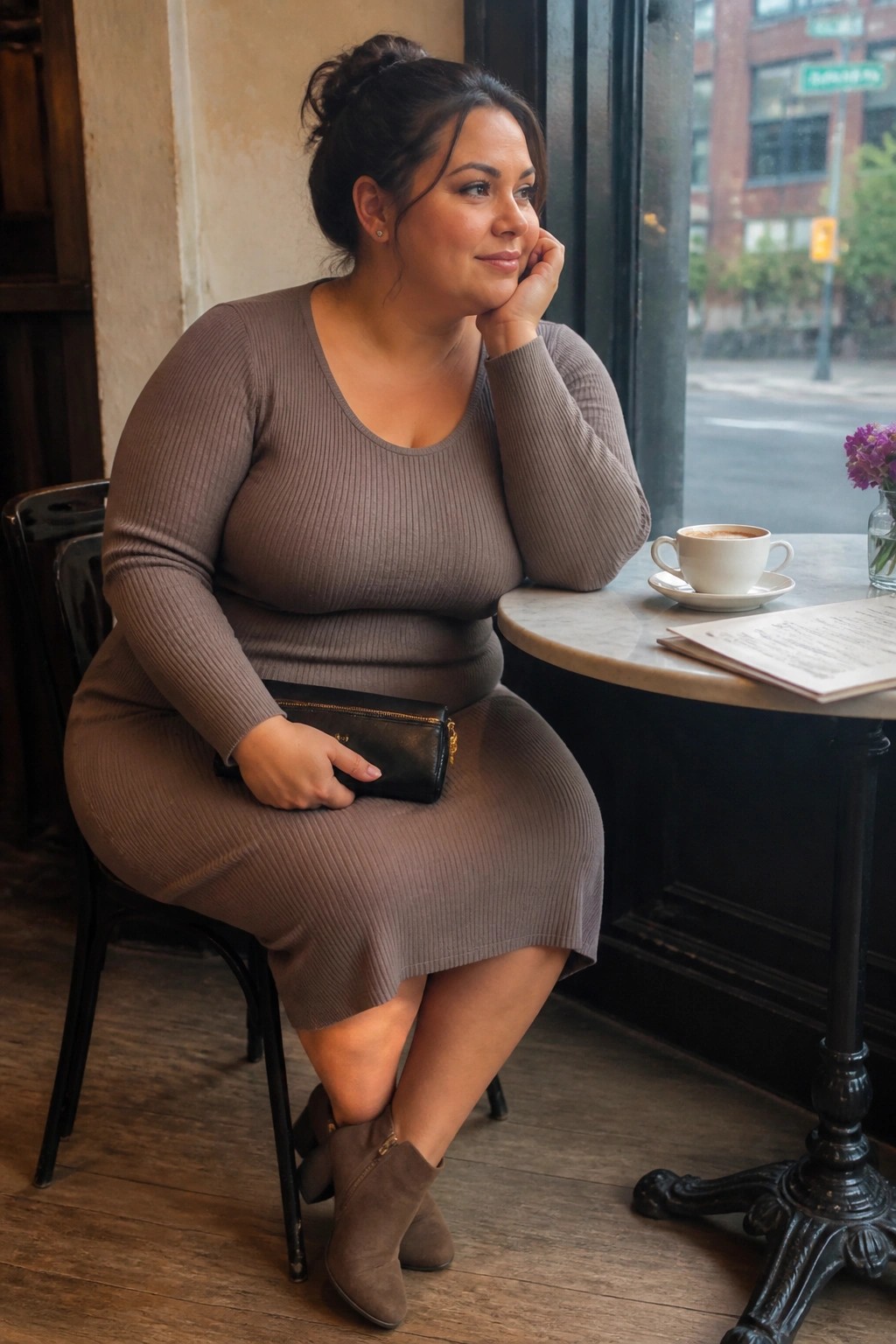 Woman in brown ribbed dress seated at café table with coffee and menu