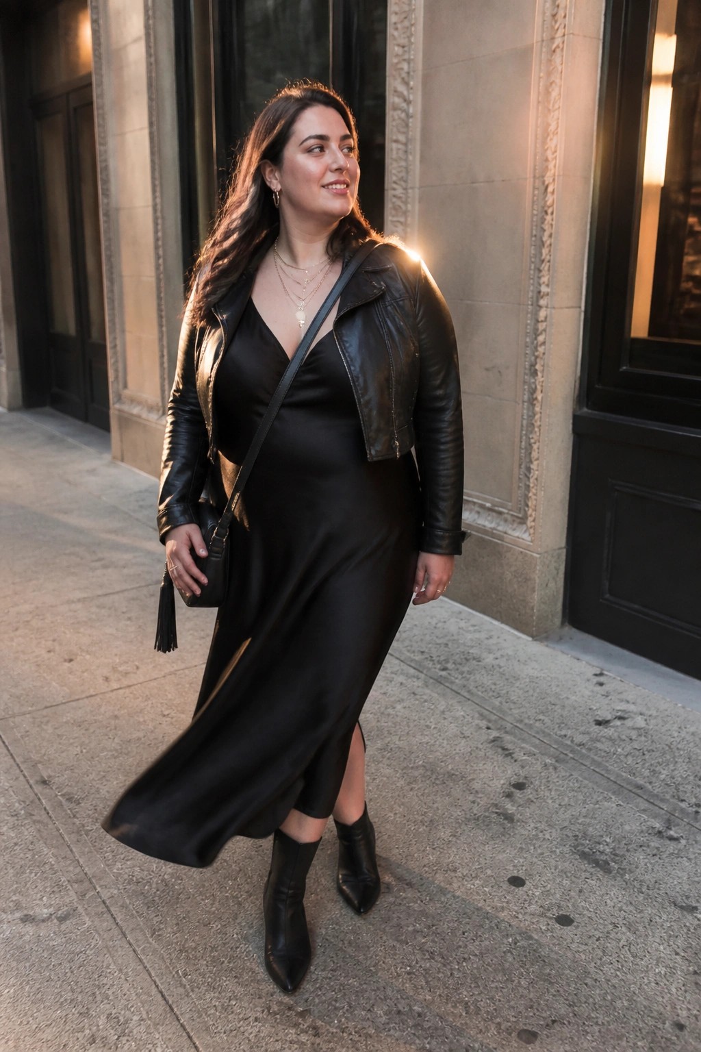 Woman in black leather jacket over satin dress on urban sidewalk at sunset