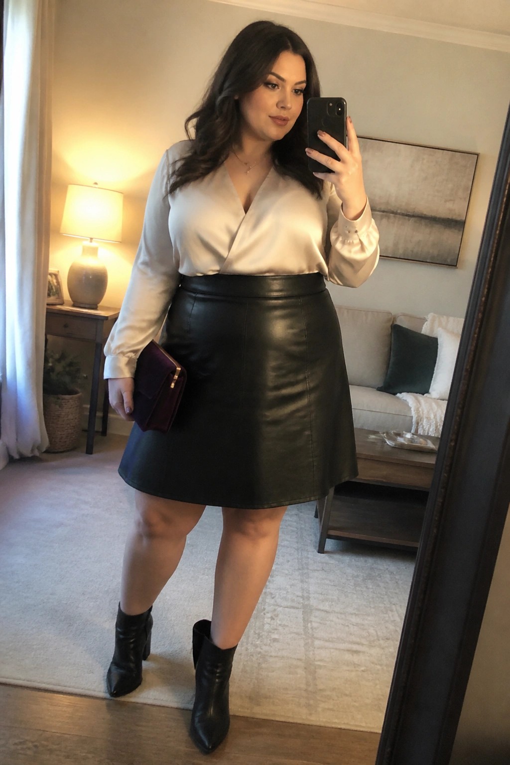 Woman in white satin blouse and black leather skirt taking mirror selfie.