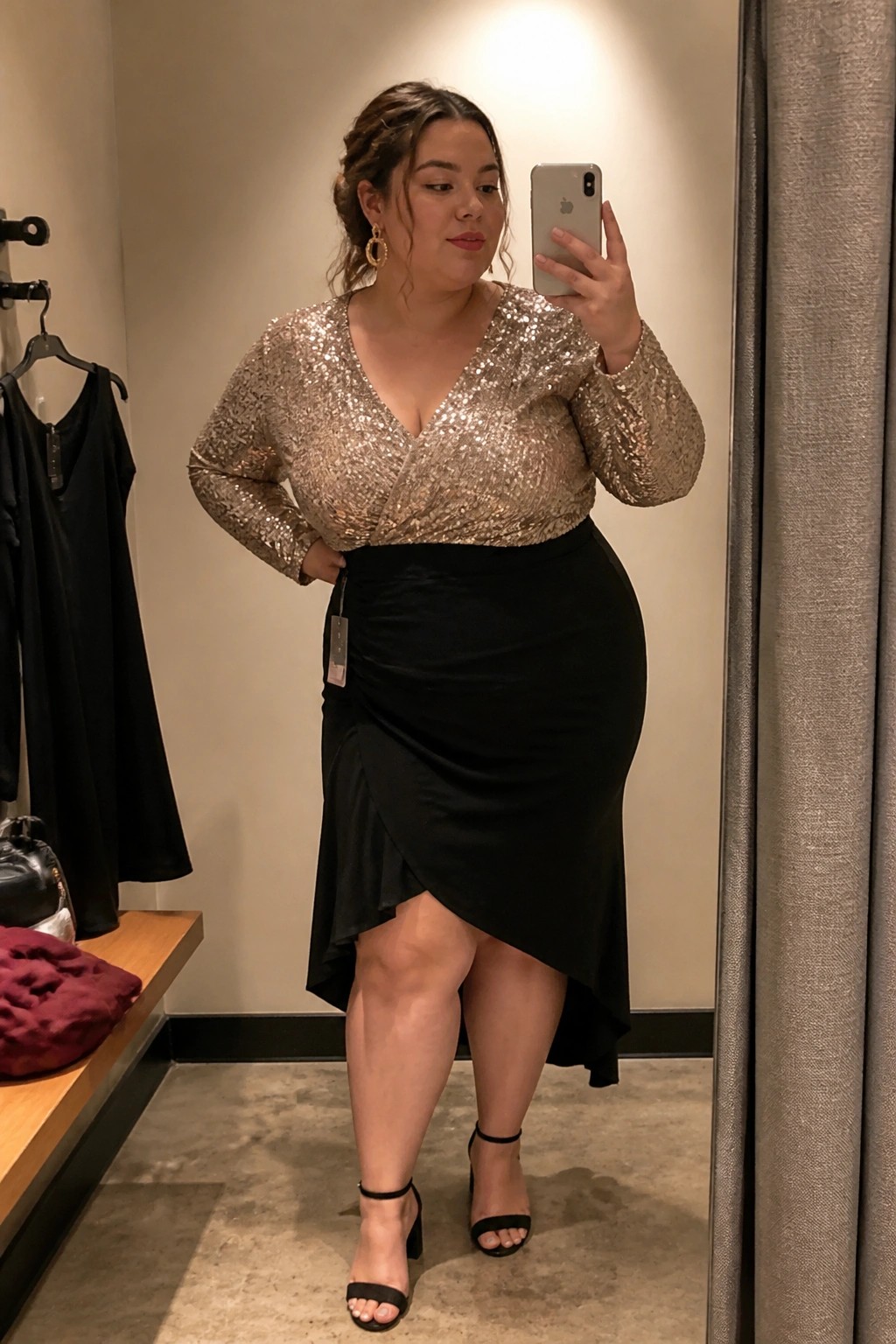 Woman in gold sequin wrap top and black skirt taking mirror selfie in fitting room