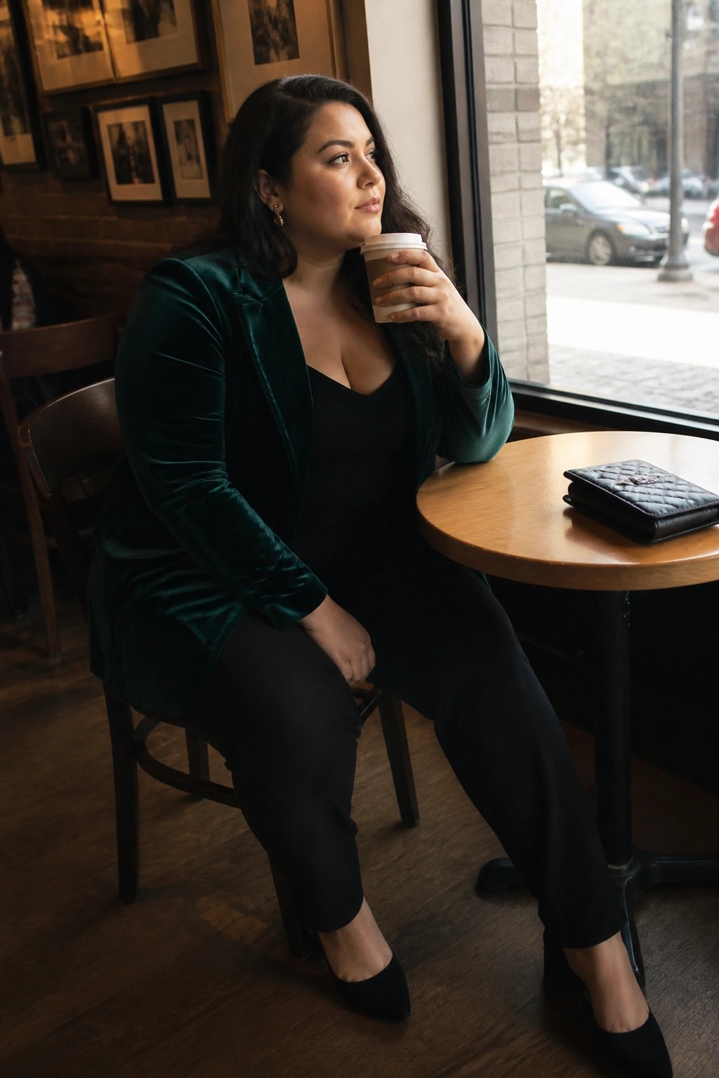Woman in green velvet blazer holding coffee at cafe table with black purse