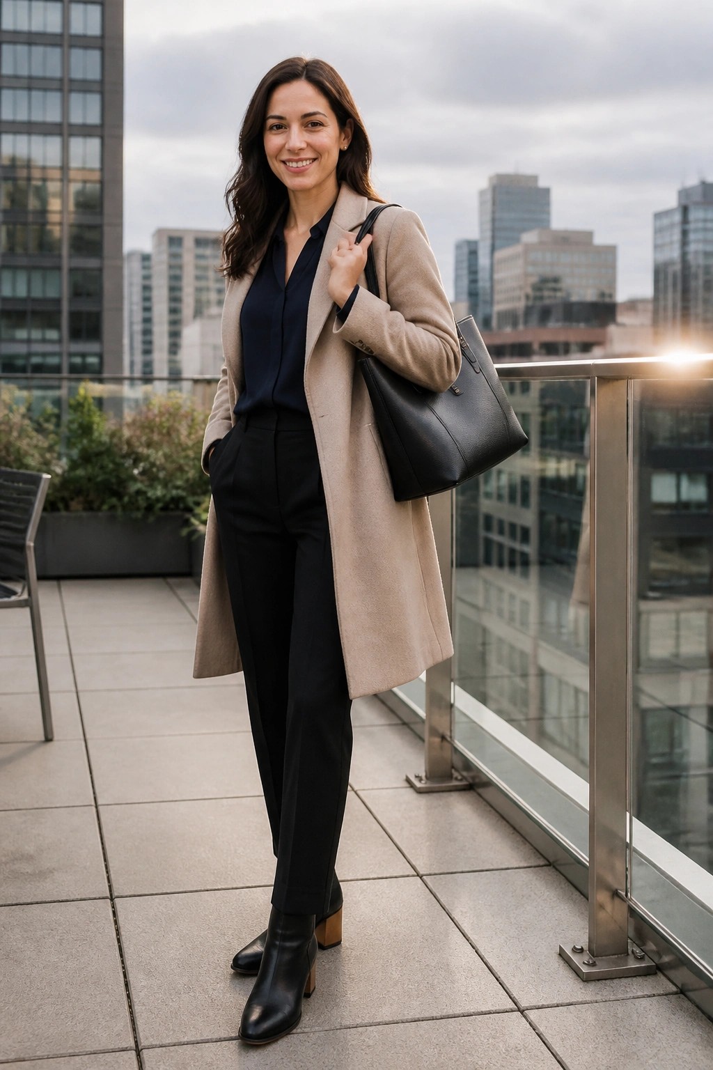 Woman wearing a long beige coat over a navy button-up blouse and black tailored trousers paired with black leather ankle boots and a black tote bag.