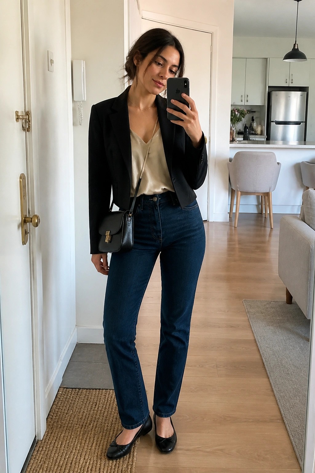 Woman in black blazer and jeans taking mirror selfie in modern apartment