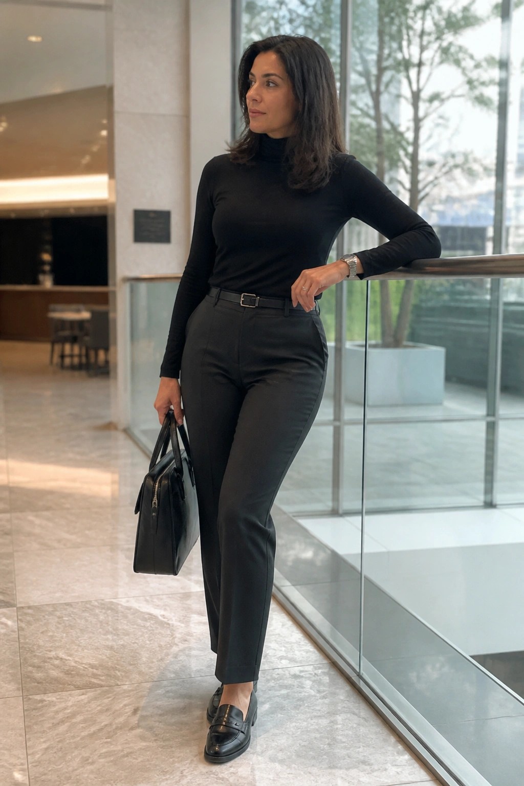 Woman in black turtleneck and trousers holding handbag in modern lobby
