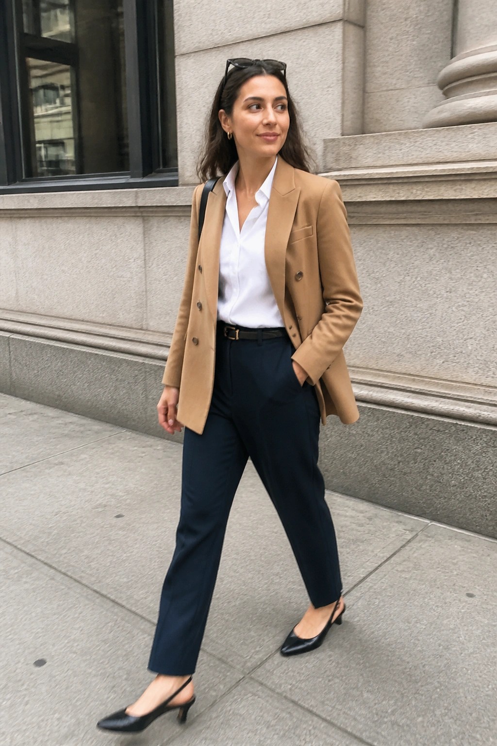 Woman in camel blazer, white shirt, and navy pants on city sidewalk.