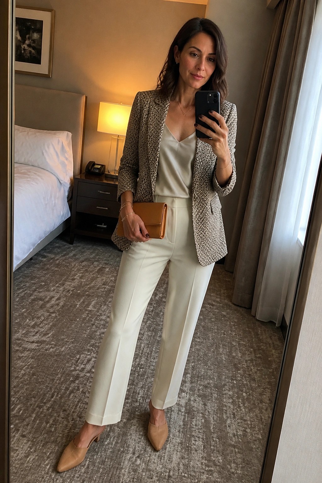 Woman in patterned blazer and white outfit taking mirror selfie in hotel room