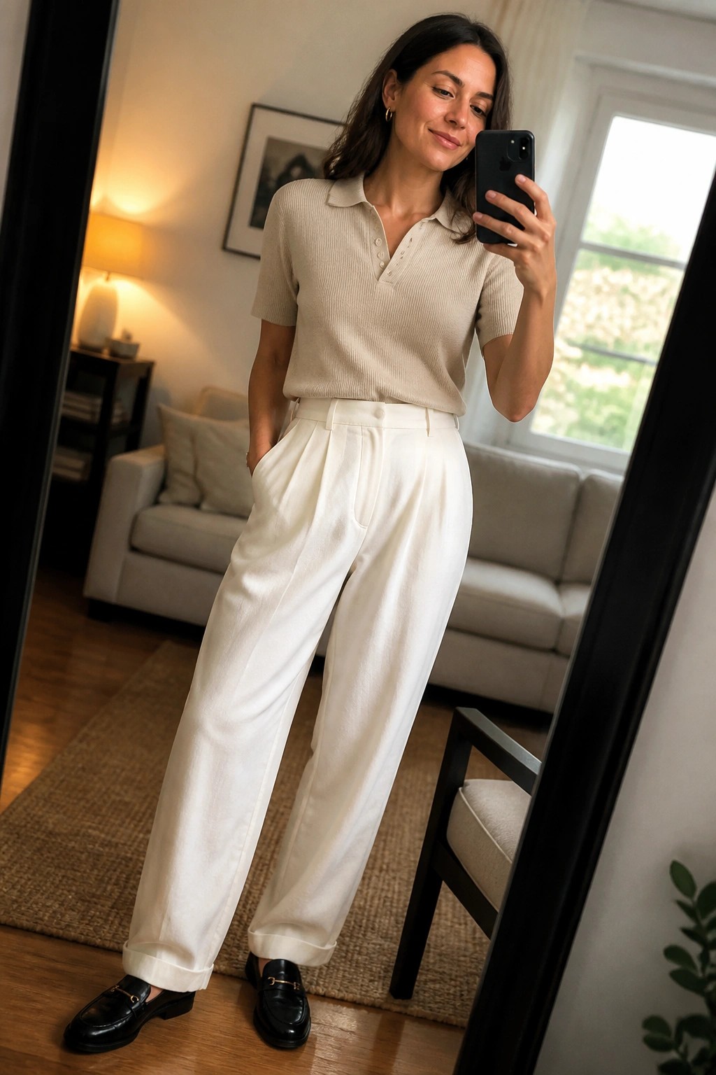 Woman in beige polo sweater and white trousers taking mirror selfie with phone
