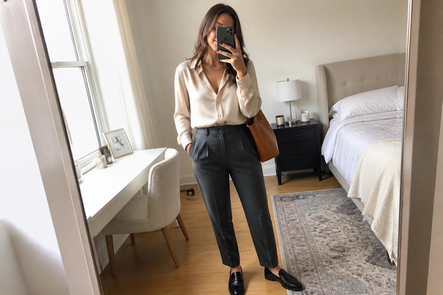 Woman in cream satin blouse and gray trousers holding brown tote in bedroom