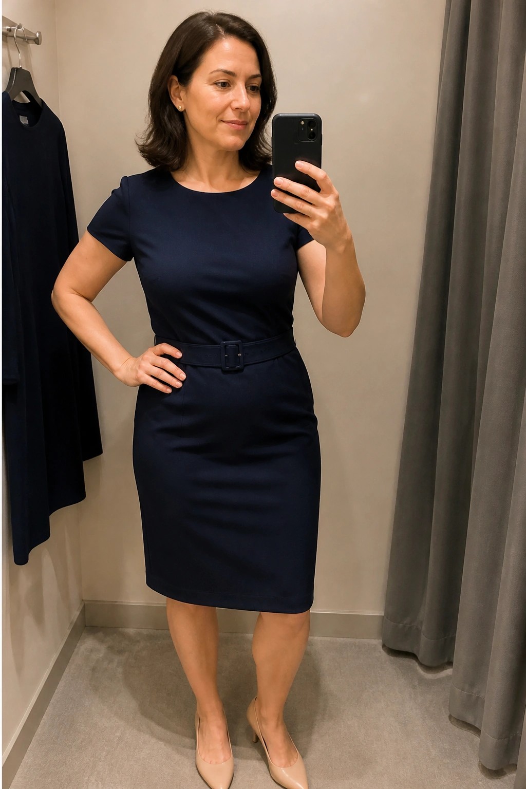 Woman in navy blue belted dress taking mirror selfie in fitting room