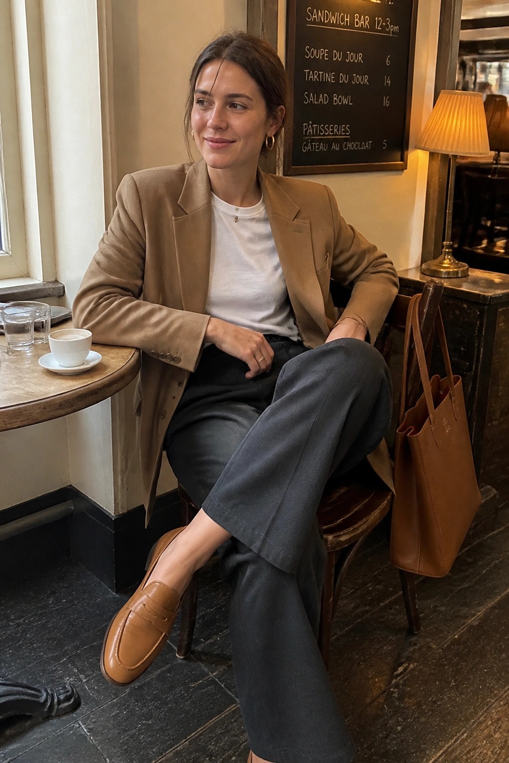 Woman in tan blazer and gray trousers seated in cafe with leather tote.