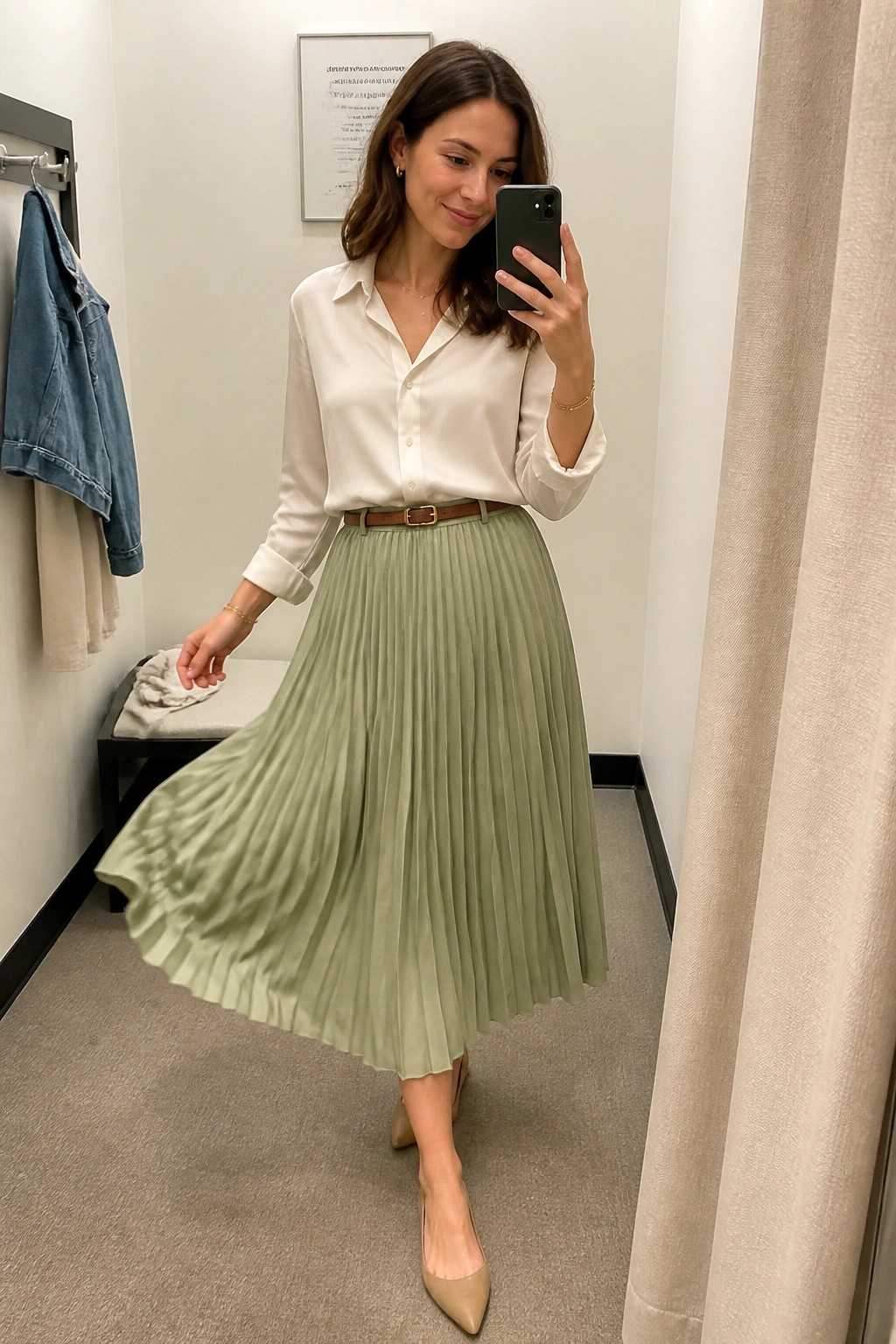 Woman in white blouse and sage green pleated skirt taking mirror selfie in fitting room