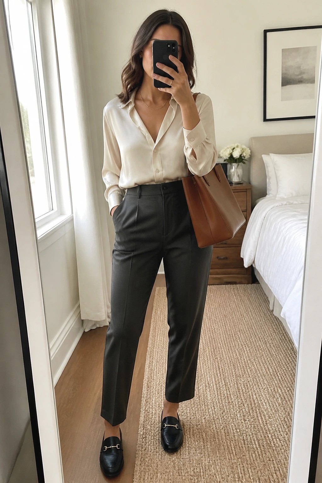 Woman in cream satin blouse and gray trousers holding brown tote in bedroom