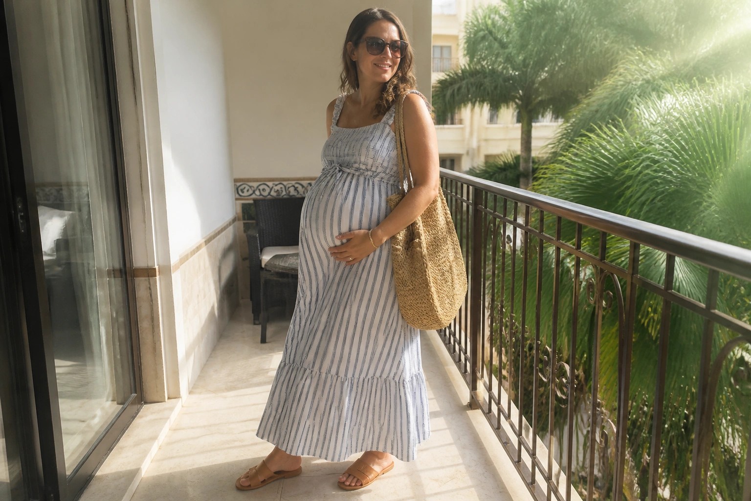 Pregnant woman in blue striped dress holding straw bag on sunny ocean balcony