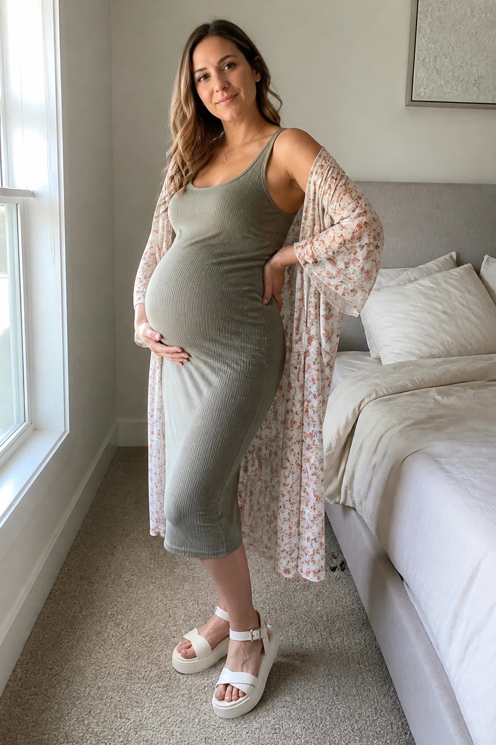 Pregnant woman in sage green ribbed midi dress layered with white floral print kimono robe and white platform sandals standing in a bedroom.