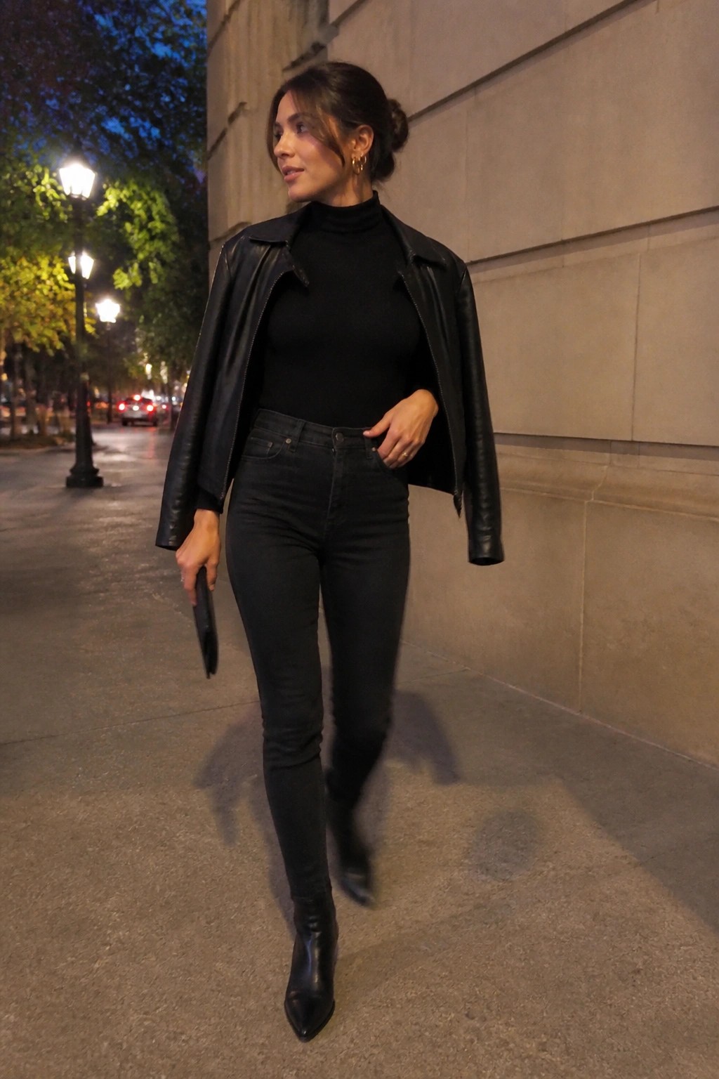 Woman in black leather jacket, turtleneck, and jeans walking on city sidewalk at night