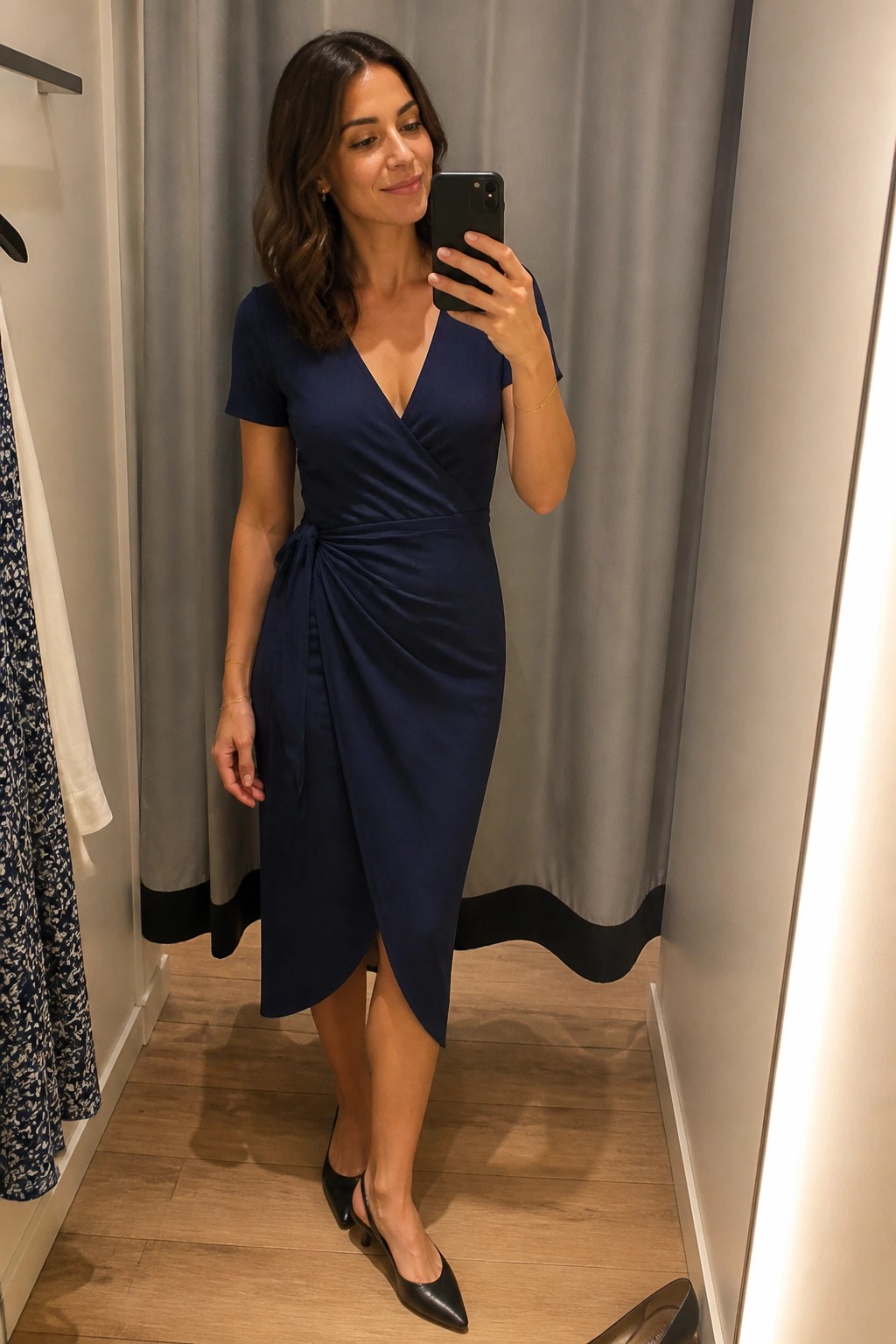 Woman in navy blue wrap dress taking mirror selfie in fitting room wearing black heels