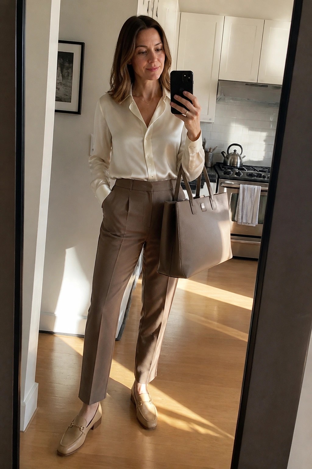 Woman in cream blouse and taupe trousers taking kitchen mirror selfie with bag