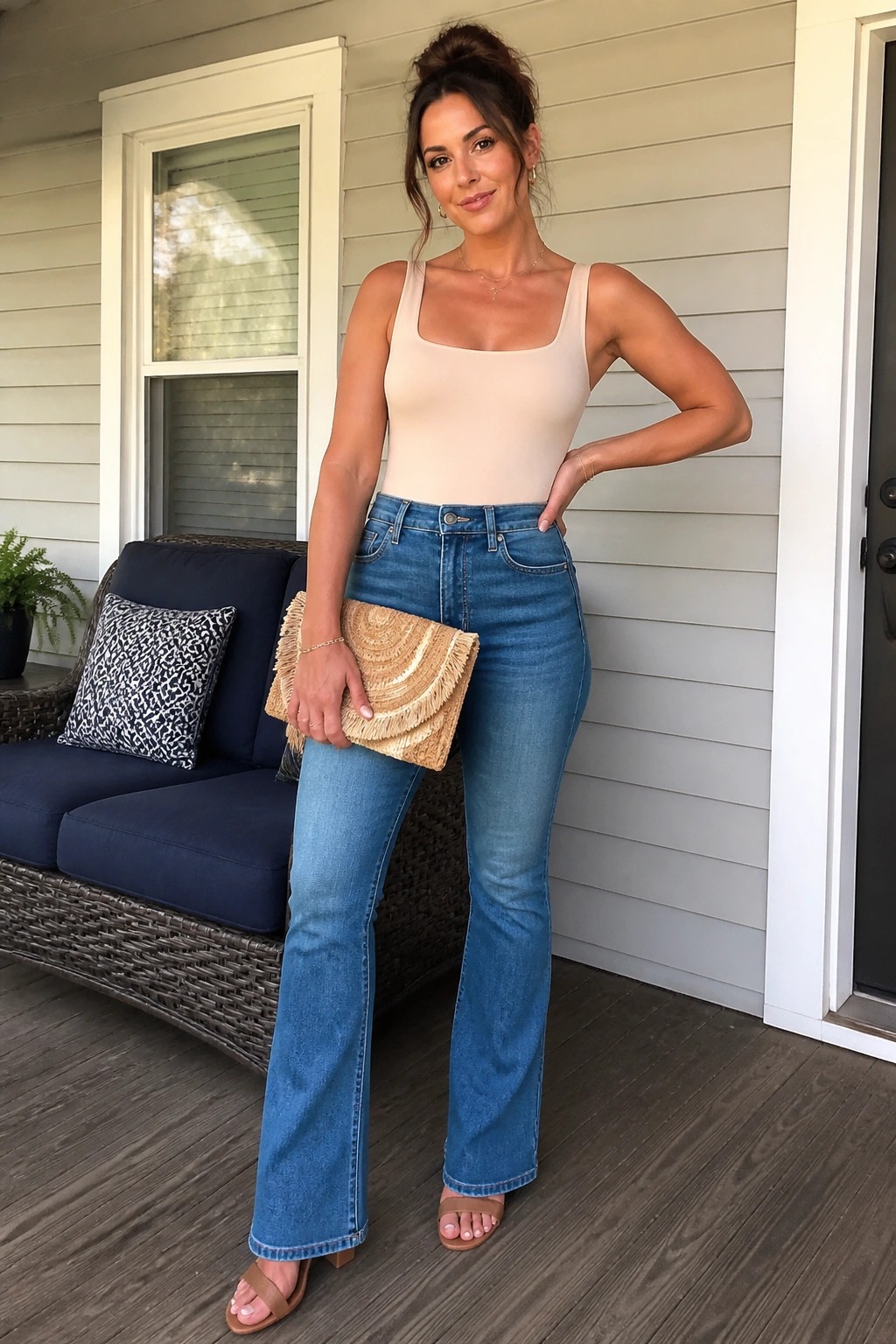 A woman in a beige square neck tank bodysuit tucked into blue flared jeans, holding a woven straw fringe clutch and wearing brown slide sandals with minimal gold jewelry.