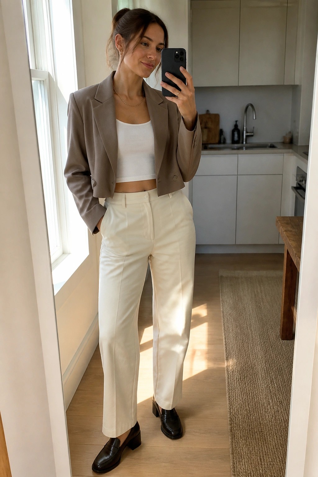 Woman in taupe cropped blazer and white trousers taking mirror selfie in kitchen