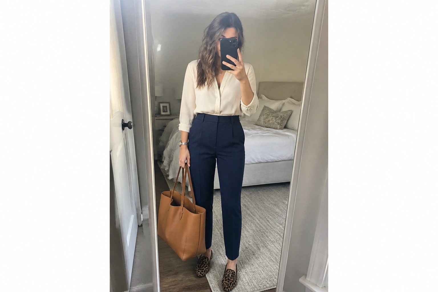 Woman in cream blouse and black pants holding brown bag in bedroom mirror selfie