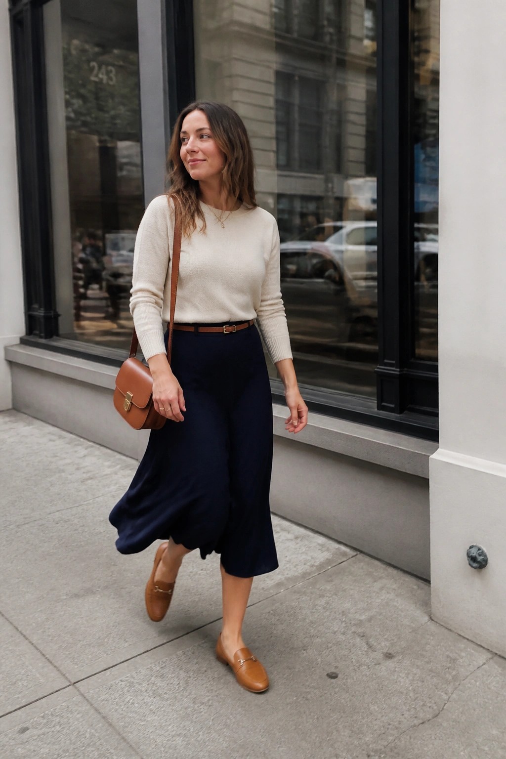 Woman in cream sweater and flowing navy skirt walks on sidewalk with brown bag