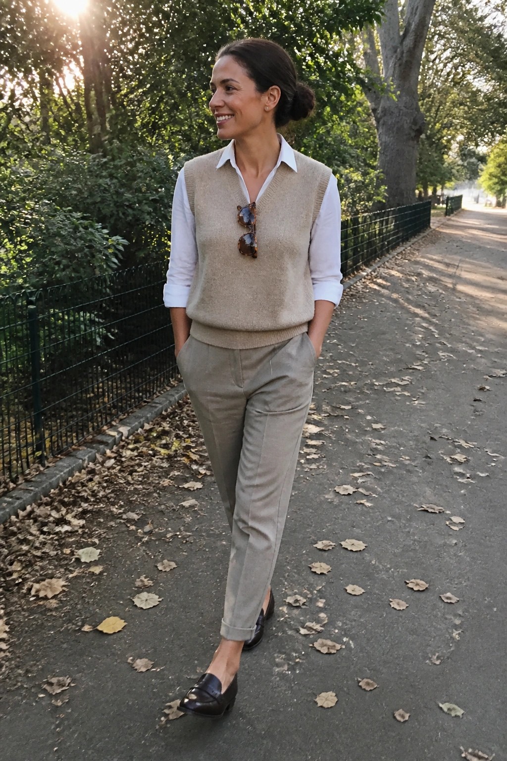 Woman in beige sweater vest and trousers on sunny leafy park path