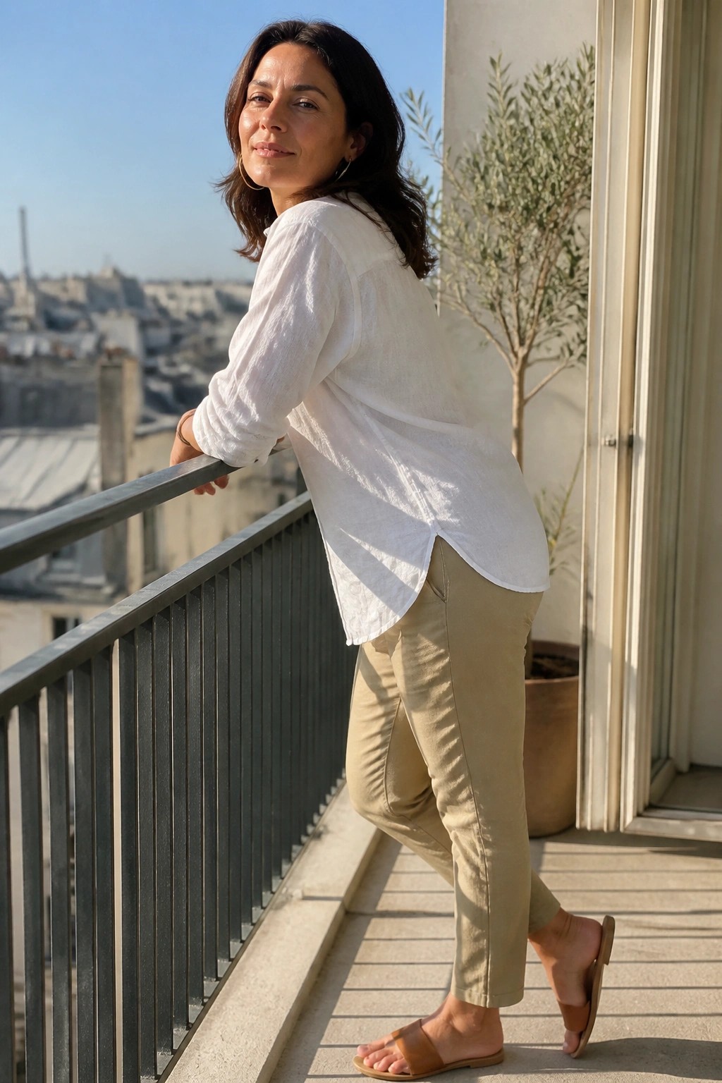 Woman in white shirt and beige pants leaning on balcony overlooking Paris skyline