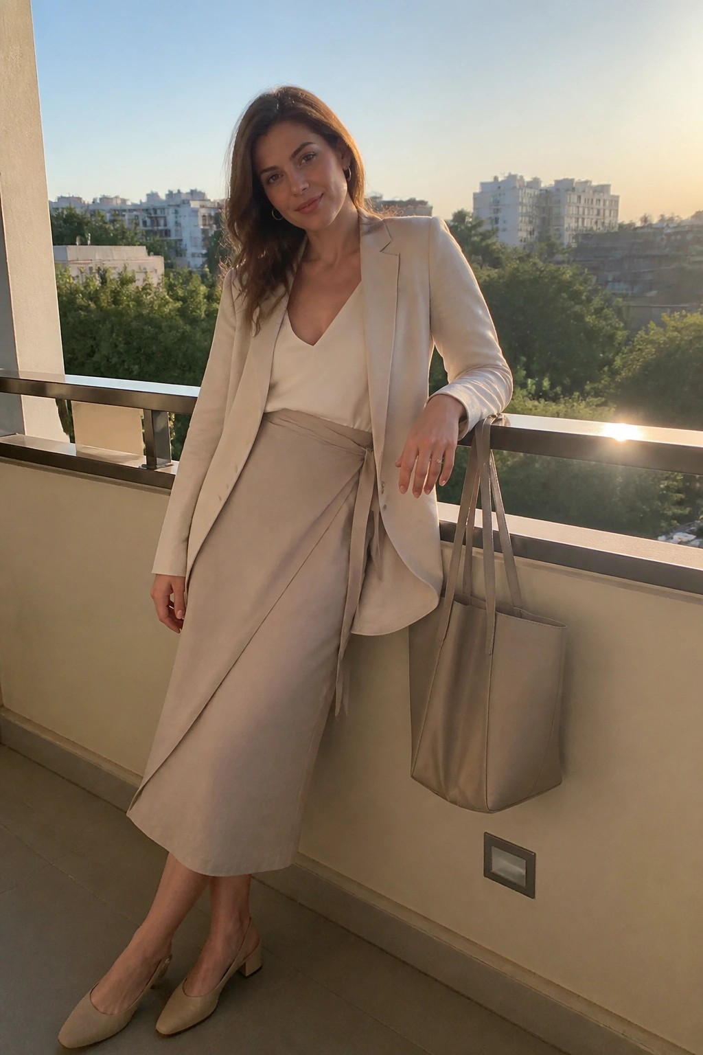 Woman in beige blazer and wrap skirt on city balcony with tote bag