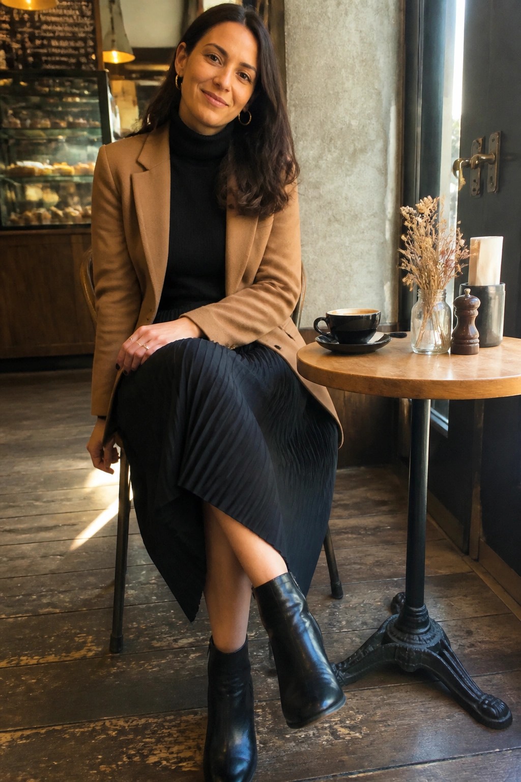 Woman in tan coat and black skirt at café table with coffee