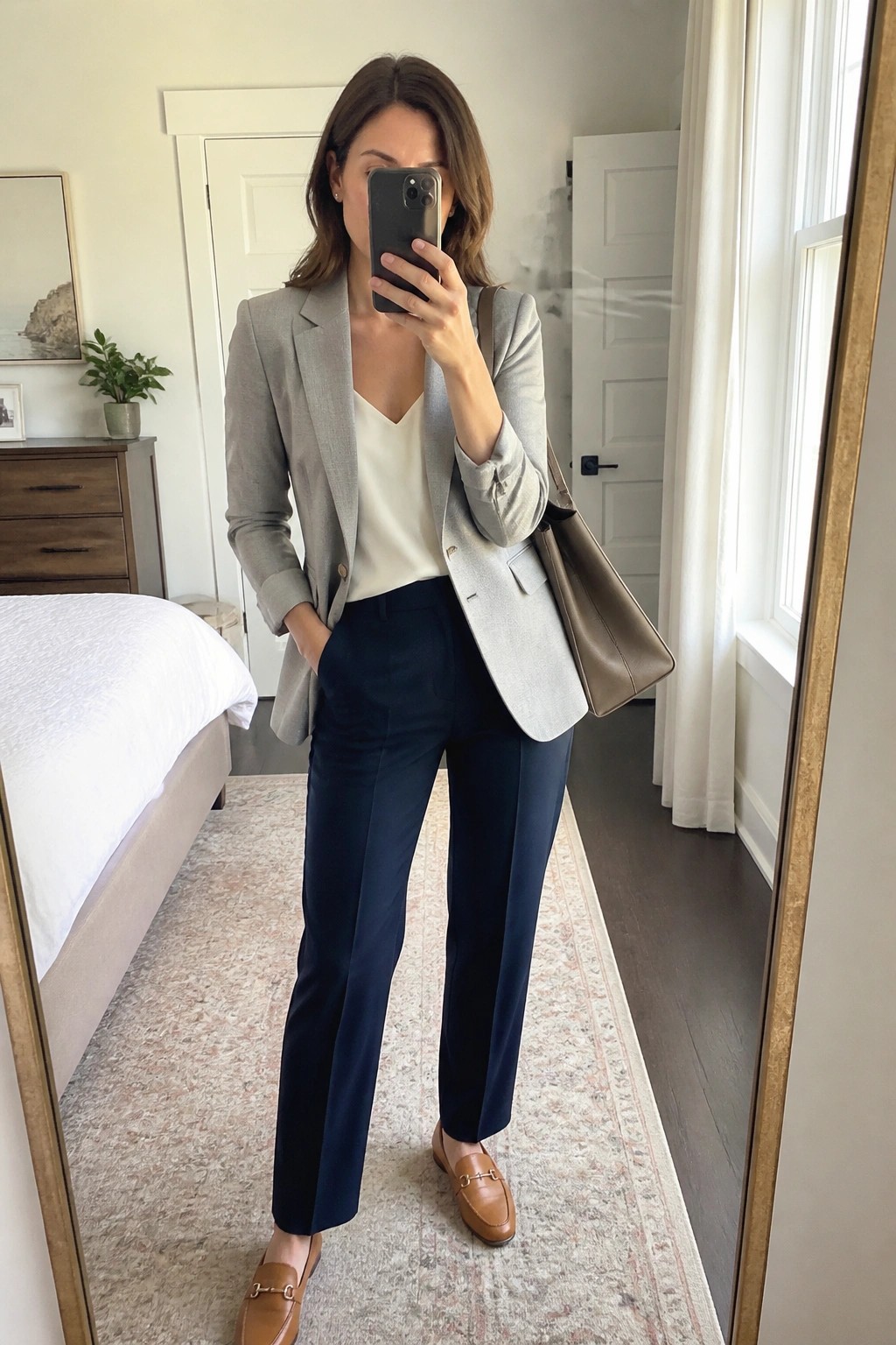 Woman in gray blazer, white top and navy pants taking bedroom mirror selfie