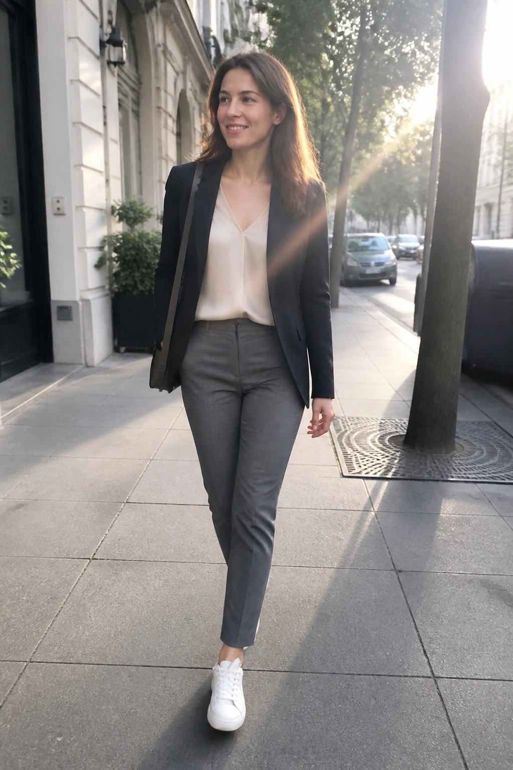 Woman in black blazer and gray pants walking on sunny city sidewalk.