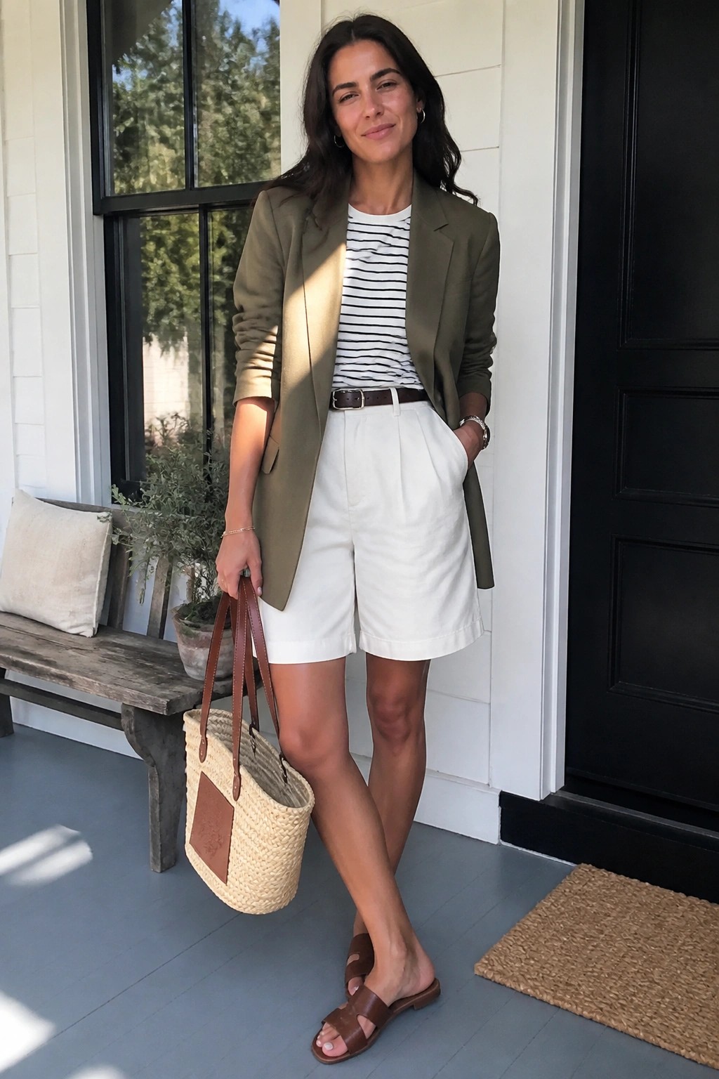 Woman in olive blazer and white shorts holding woven tote on porch