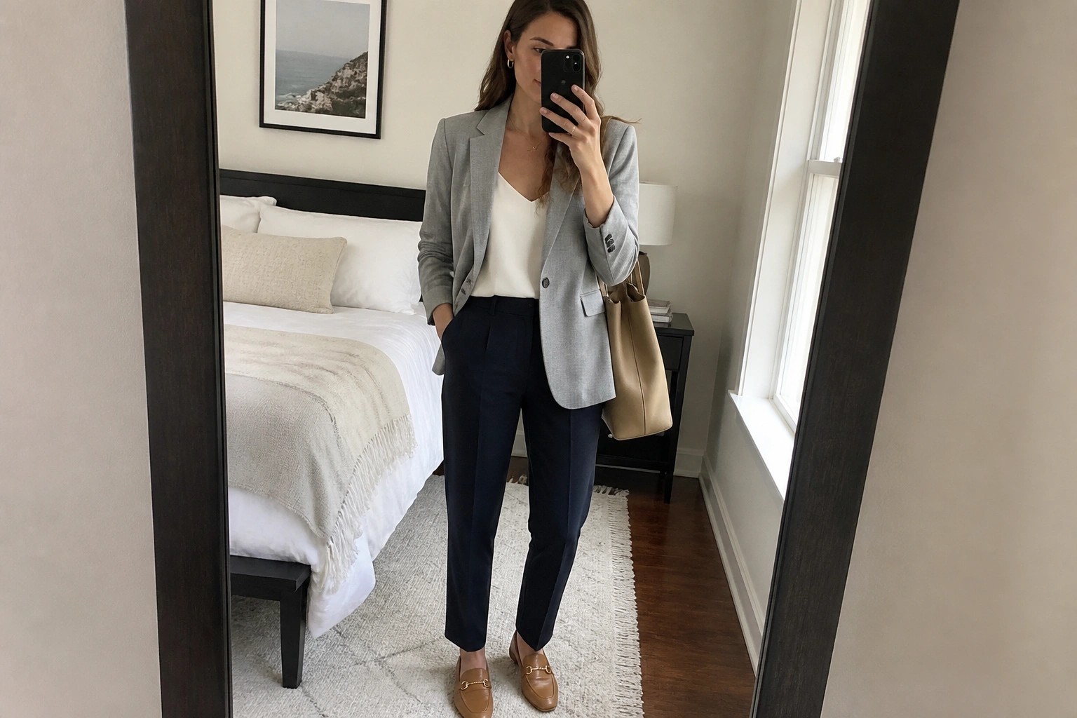 Woman in gray blazer, white top and navy pants taking bedroom mirror selfie