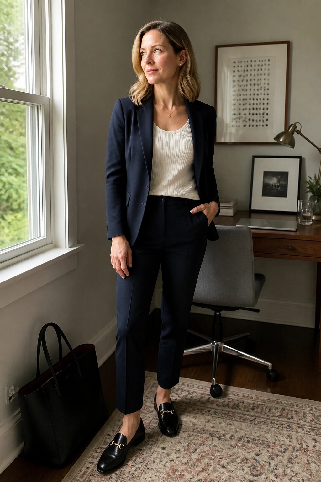 Woman wearing a navy tailored blazer and matching slim trousers over a cream ribbed tank top, finished with black loafers featuring gold hardware and a thin gold necklace, holding a black tote bag.