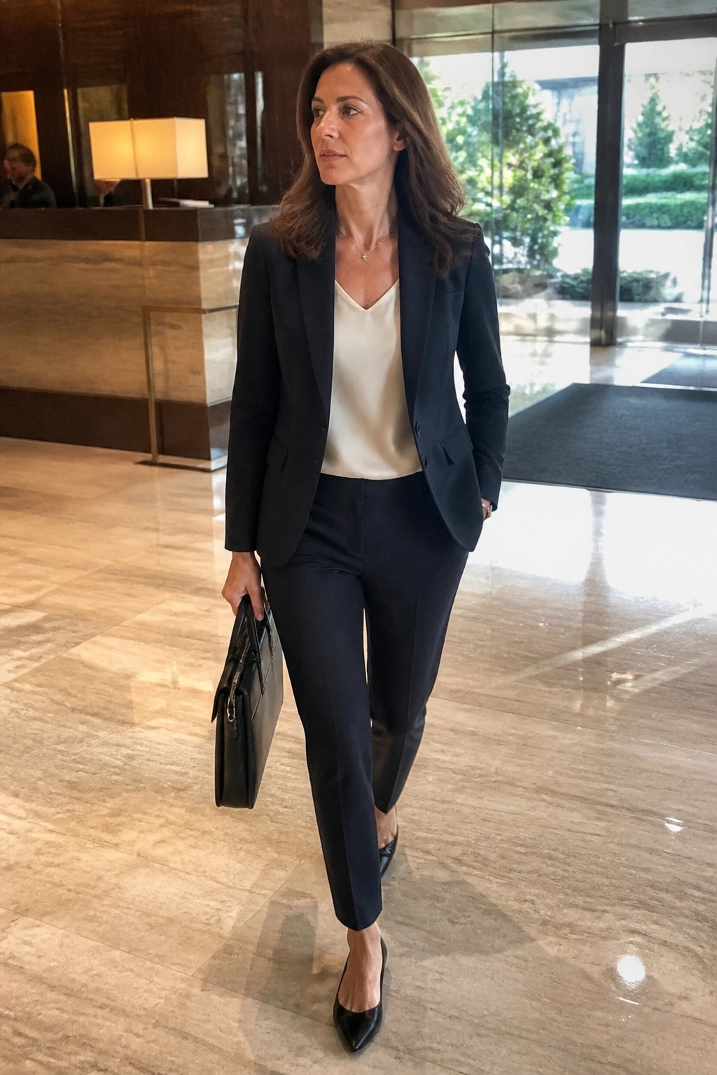 Businesswoman in navy pantsuit carrying black briefcase in marble lobby