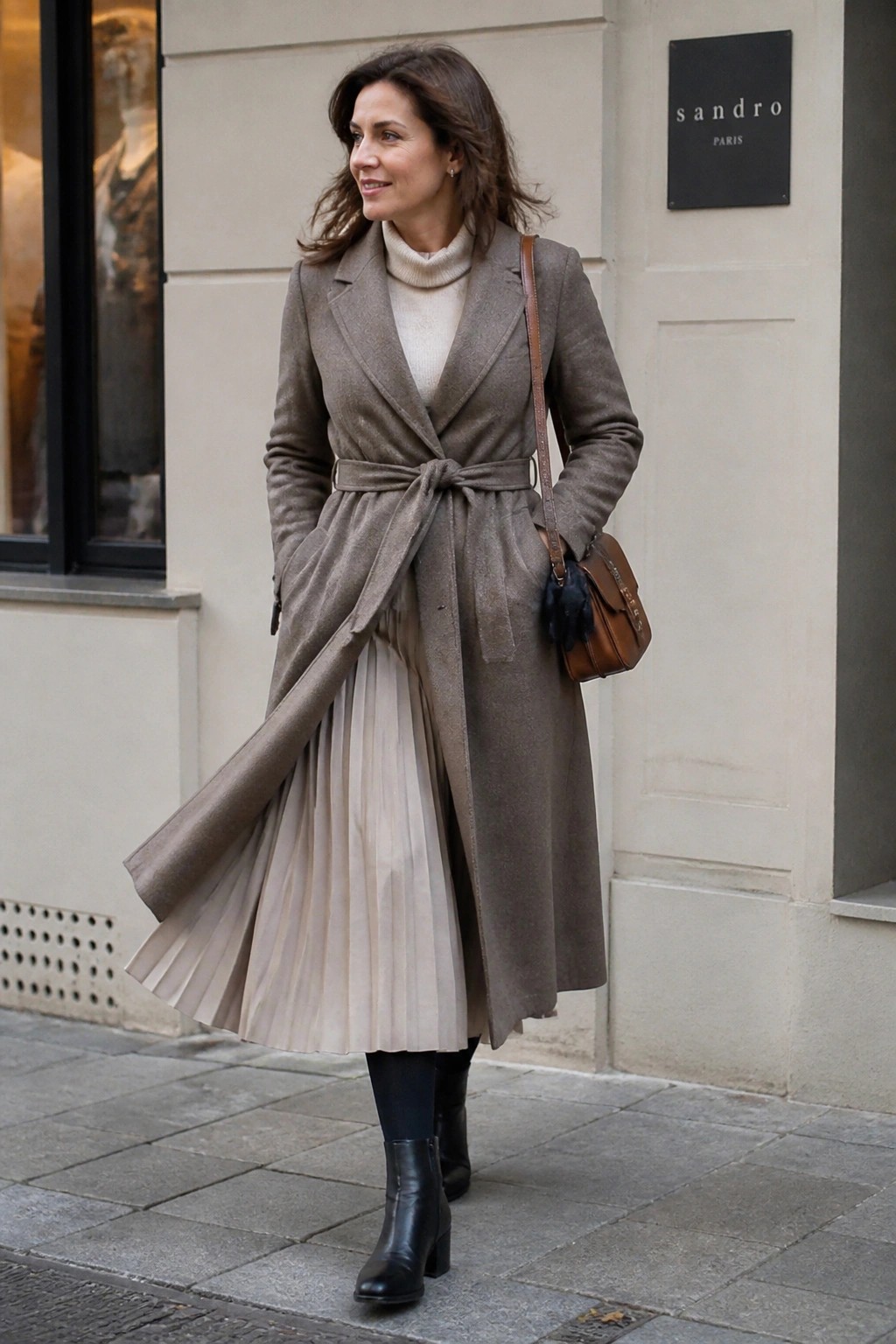 Woman in belted taupe coat over beige pleated skirt with brown handbag