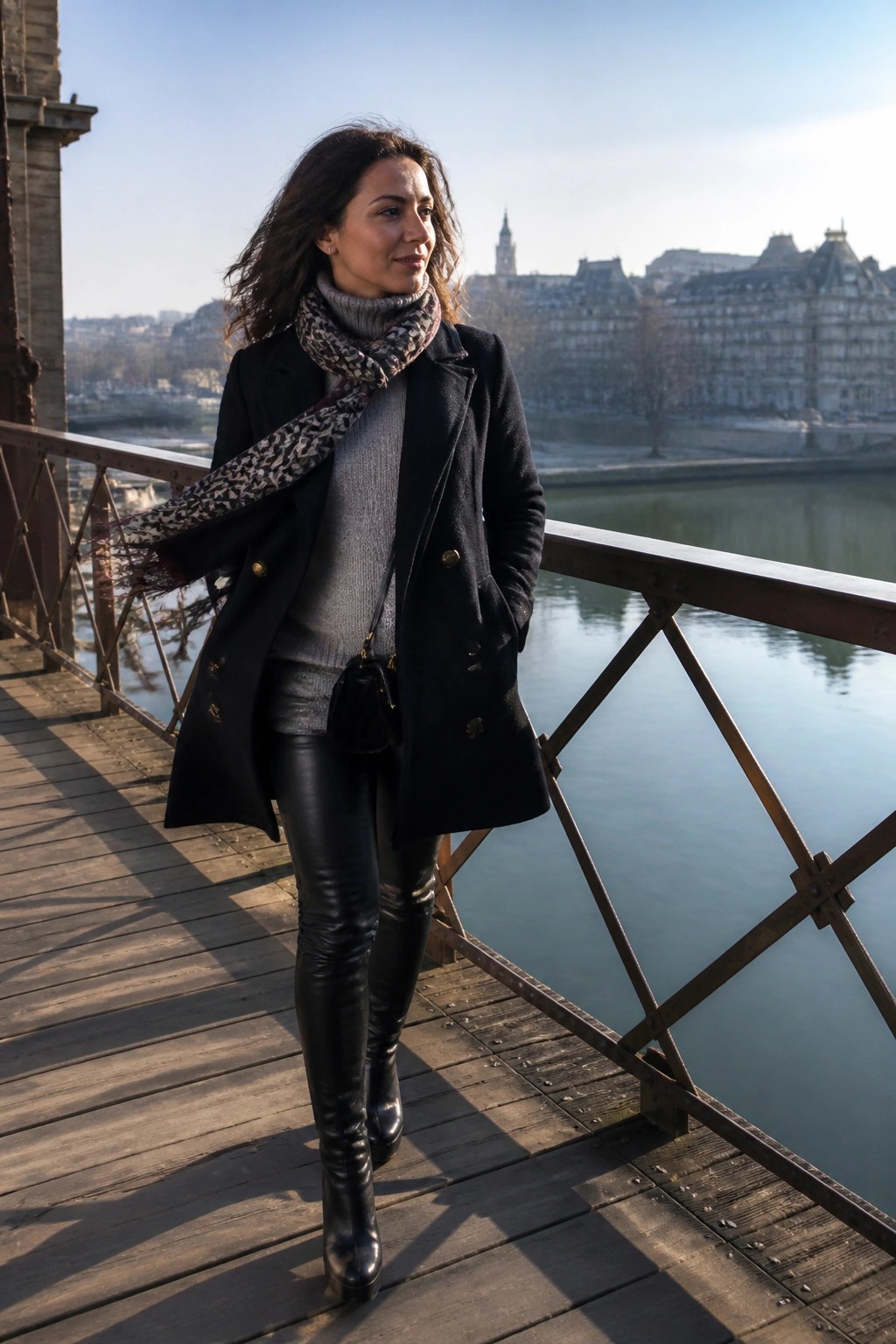 Woman in black coat, scarf, and leather pants on bridge over river with cityscape.