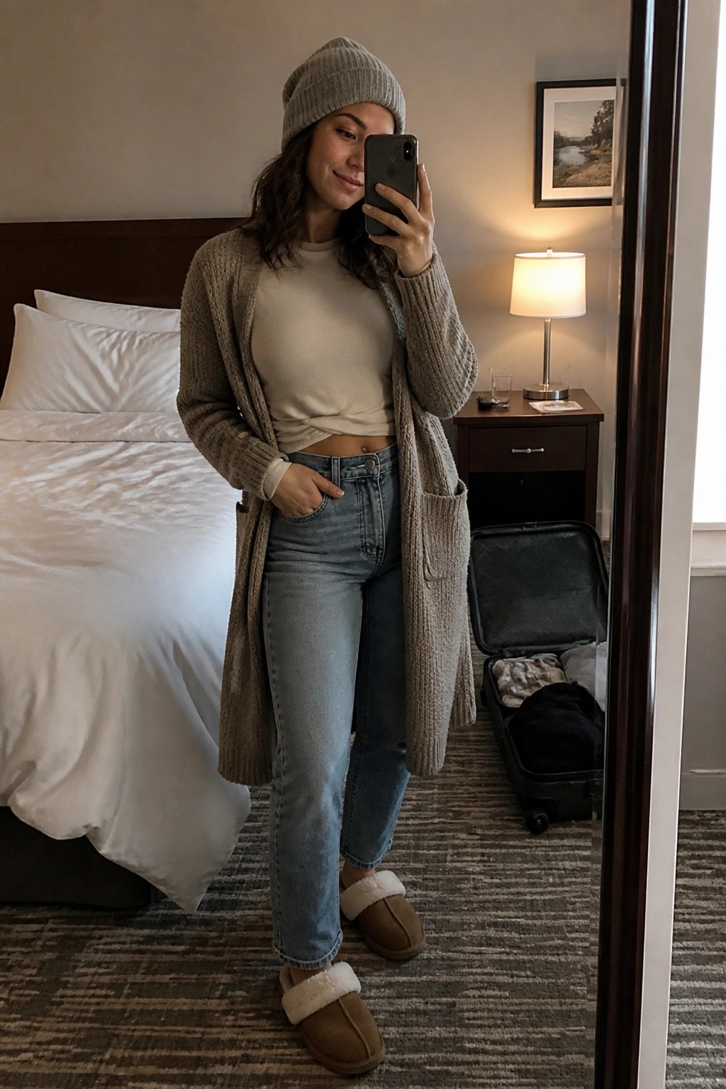 Woman in beige cardigan, beanie, and slippers taking mirror selfie in hotel room with open suitcase.