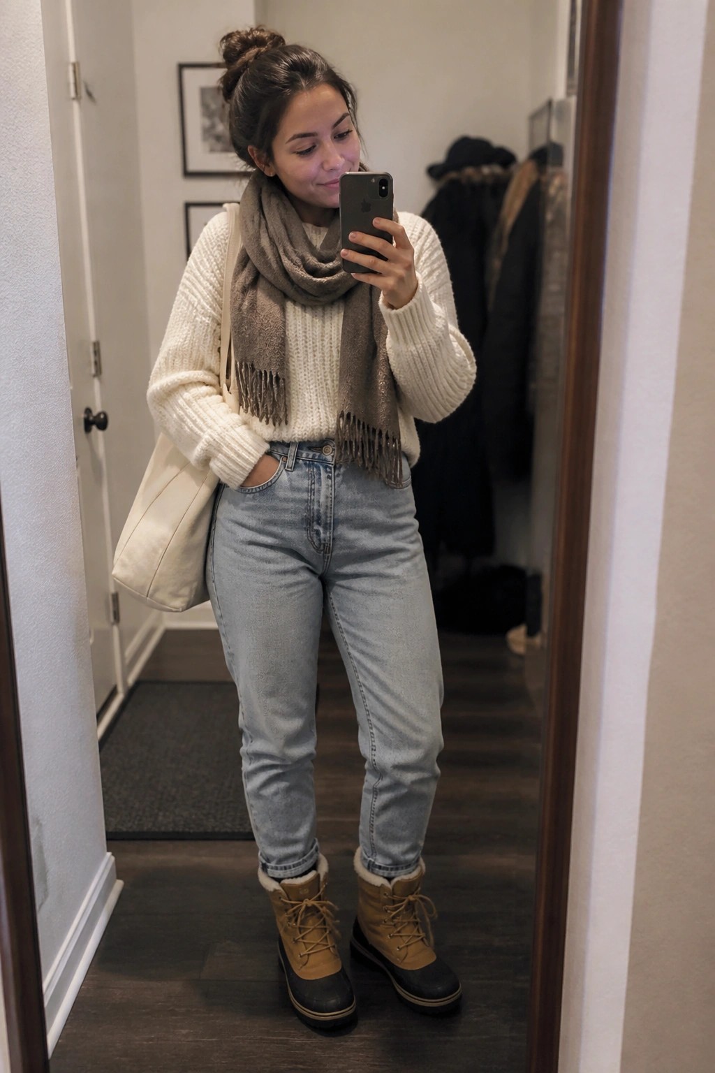 Woman in white sweater, jeans, brown scarf, and boots takes mirror selfie.