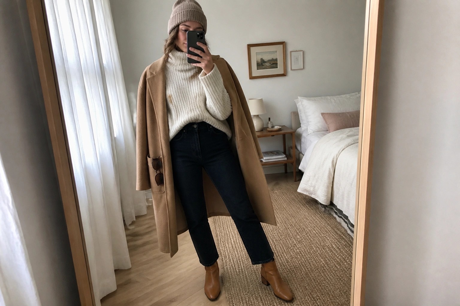 Woman in cream turtleneck, camel coat, jeans, and beanie taking mirror selfie in bedroom