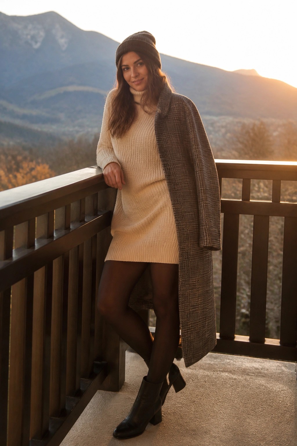 Woman in cream knit dress and brown plaid coat on mountain-view balcony at sunset