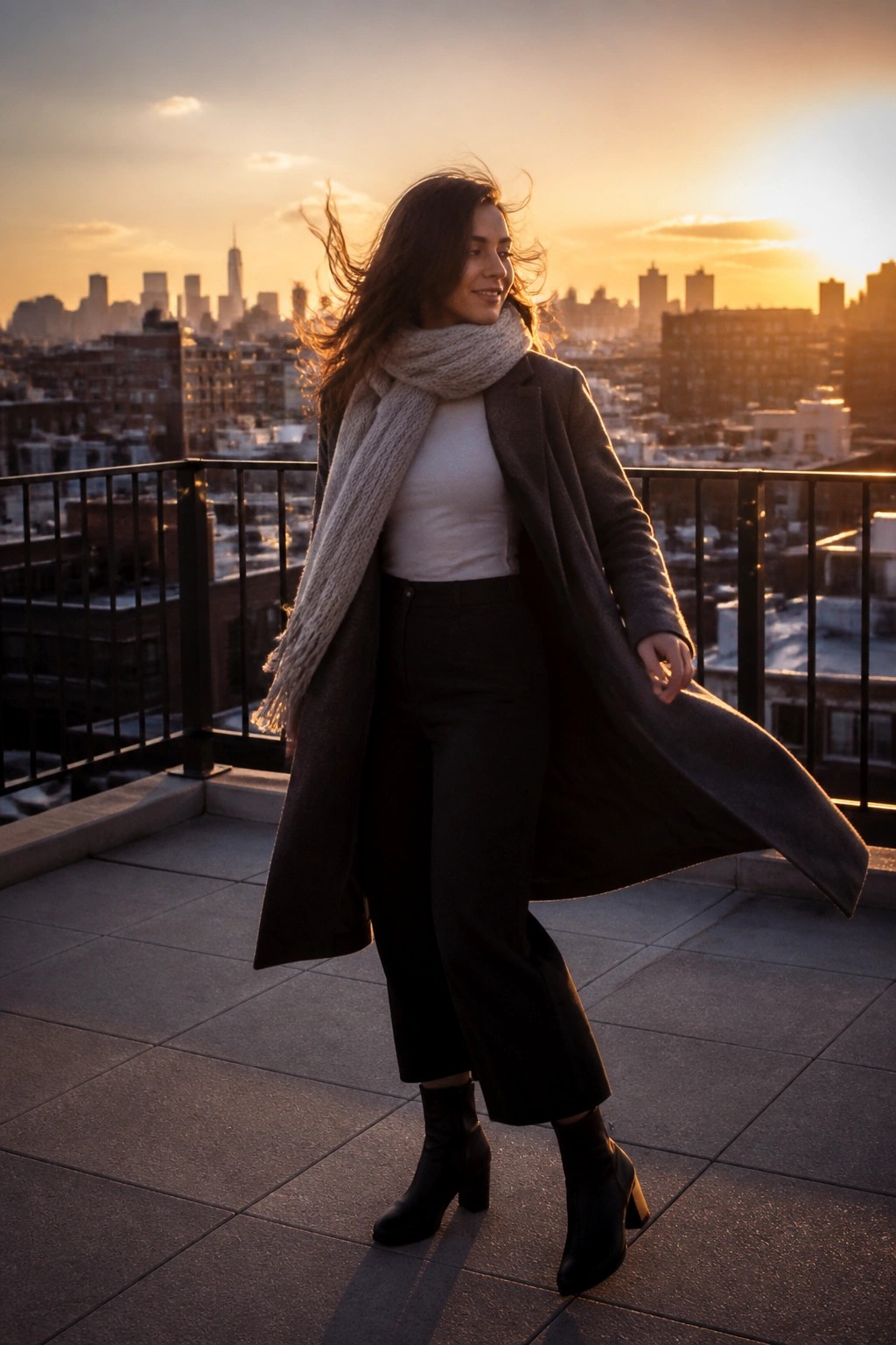 Woman in long dark gray coat worn open over white top and black cropped pants, paired with chunky light scarf and black ankle boots.