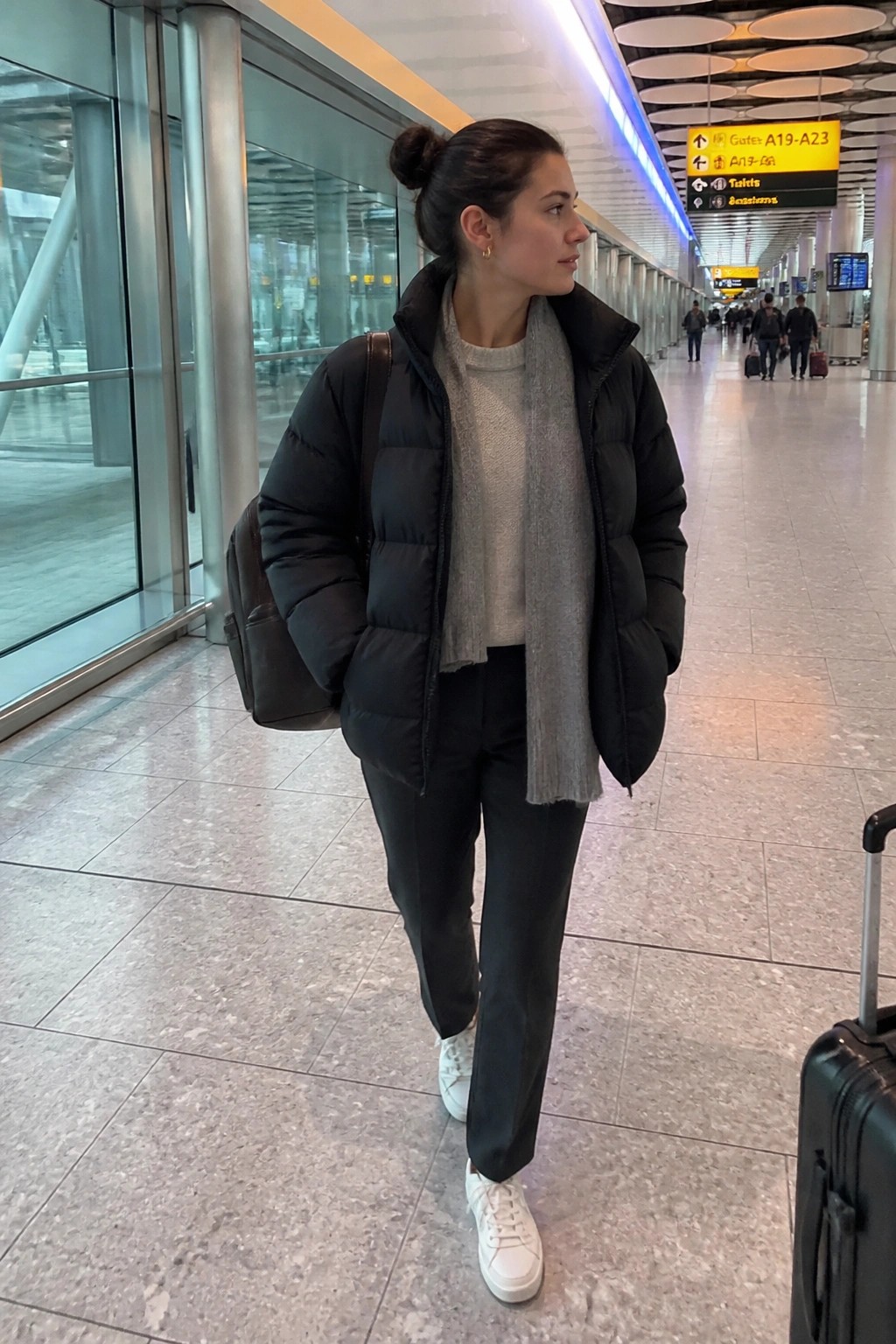 Woman in black puffer jacket and gray scarf stands in airport terminal with luggage