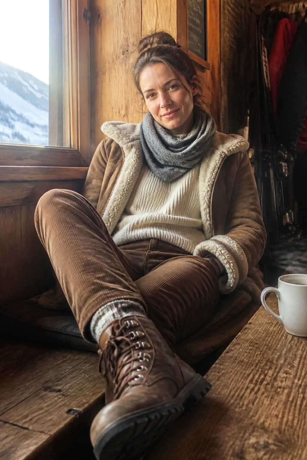 Woman in brown shearling jacket seated by window overlooking snowy mountains