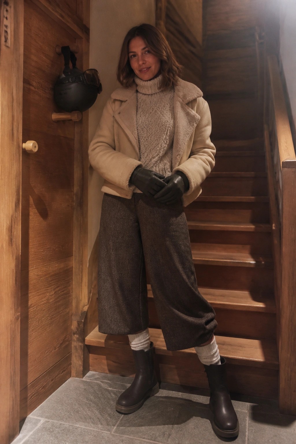 Woman wearing beige shearling jacket over cream cable knit turtleneck, brown wide cropped pants, white socks, dark ankle boots and black leather gloves while standing near wooden stairs.