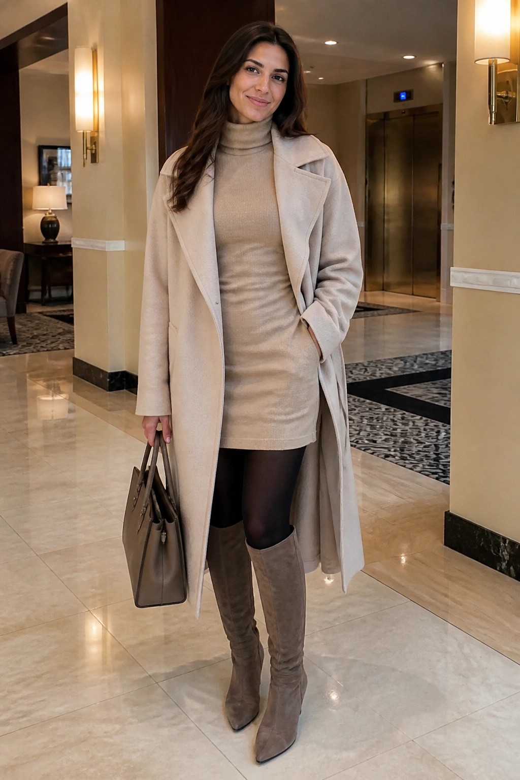 Woman in beige coat and turtleneck dress holding handbag in marble lobby