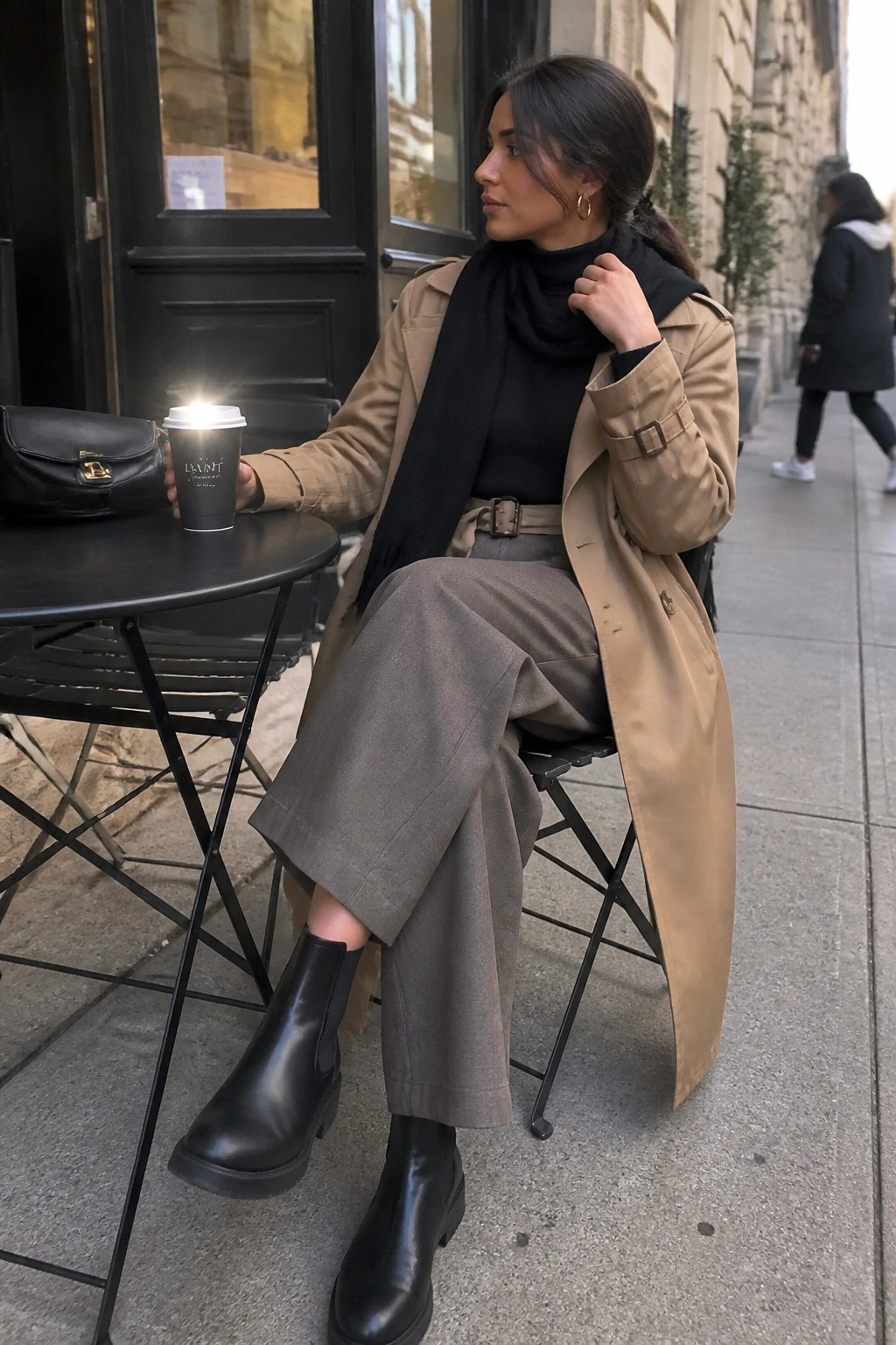 Woman in tan trench coat, black scarf, gray pants, and boots at sidewalk cafe with coffee.