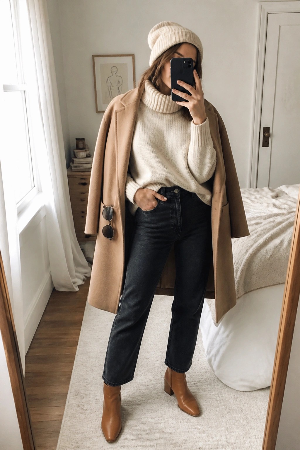 Woman in cream turtleneck, camel coat, jeans, and beanie taking mirror selfie in bedroom