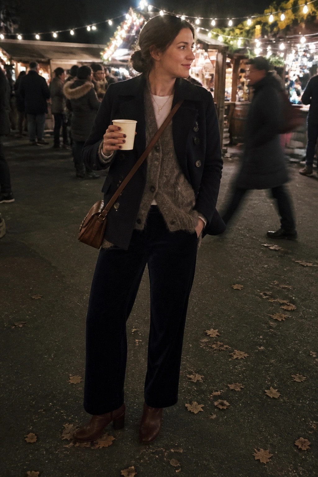 Woman in navy coat and velvet pants holding coffee at night market.